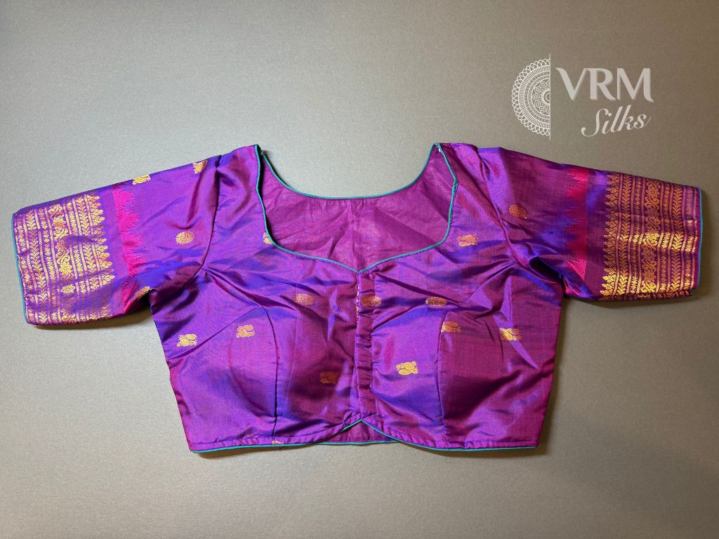Front open stitched blouse in matching purple shade Front open stitched blouse in matching purple shade