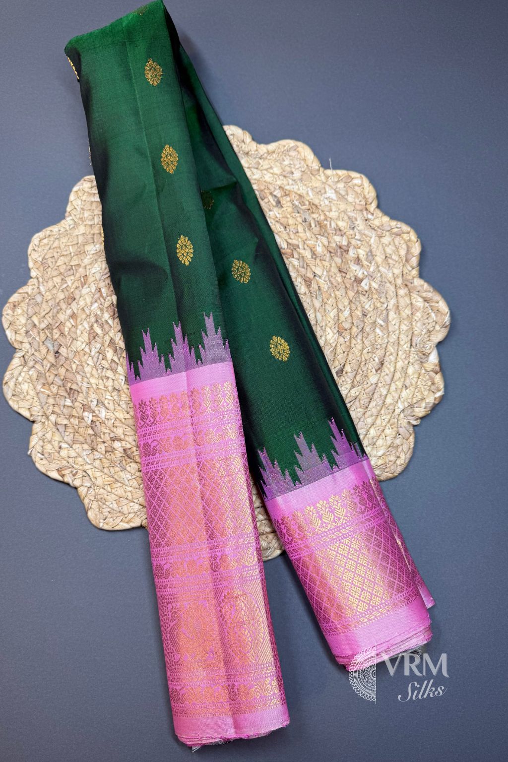 Green Pink Gadwal Silk Saree with Gold Zari USA