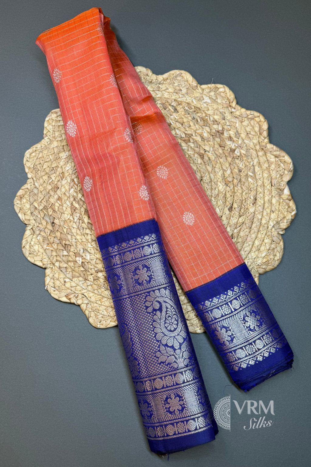Orange Gadwal Silk Saree with Blue Border and Silver Zari Orange Gadwal Silk Saree with Blue Border and Silver Zari