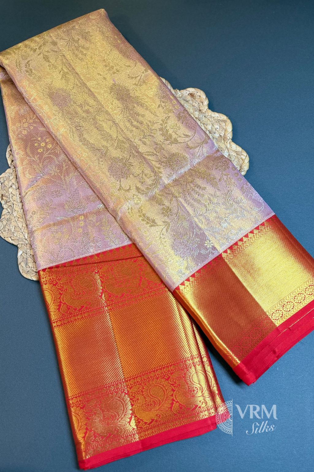 Peach Kanchipuram Tissue Saree with Orange Border and Gold Zari