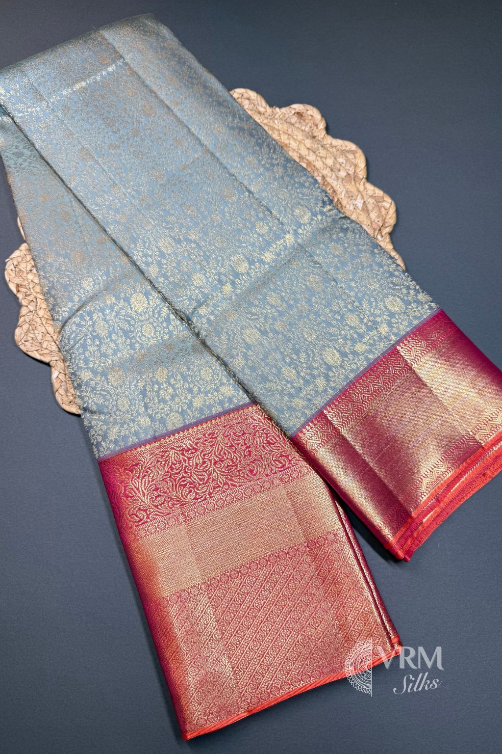 Sage Kanchipuram Korvai Saree with Peach Border and Gold Zari Sage Kanchipuram Korvai Saree with Peach Border and Gold Zari