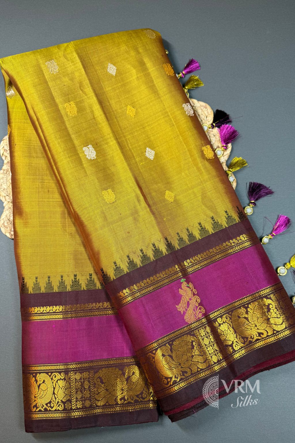 Traditional Yellow Gadwal Saree with brown border